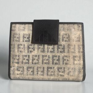 Authentic Fendi Zucca Kiss Lock Bi-Fold Wallet leather Brown